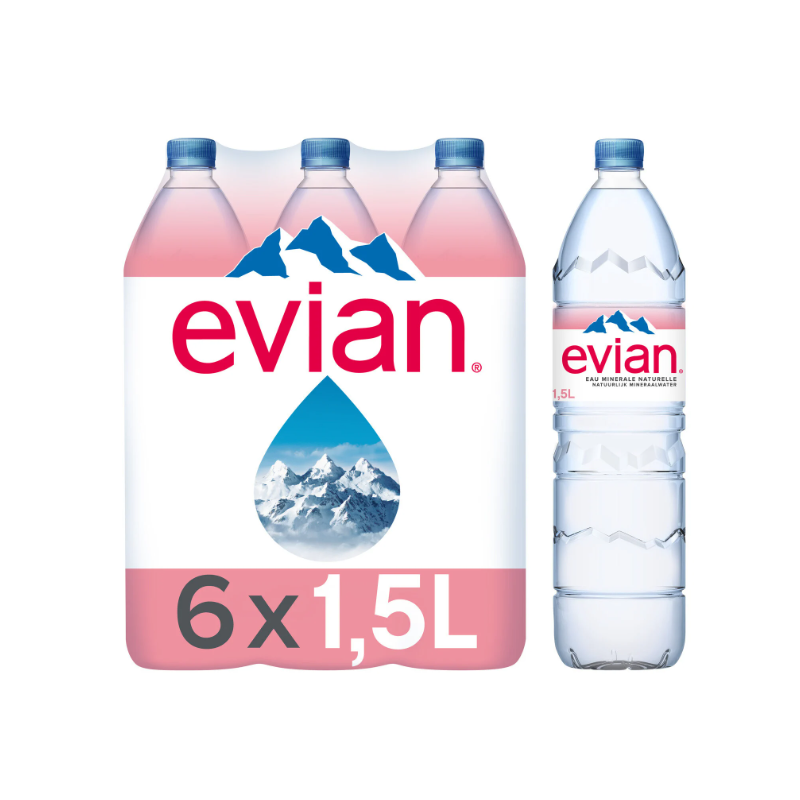 Eau minérale naturelle EVIAN , pack de 6 bouteilles d'1,5L