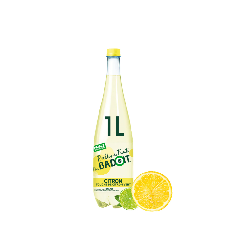 Eau gazeuse aromatisée citron citron vert BADOIT BULLES DE FRUITS,bouteille d'1L